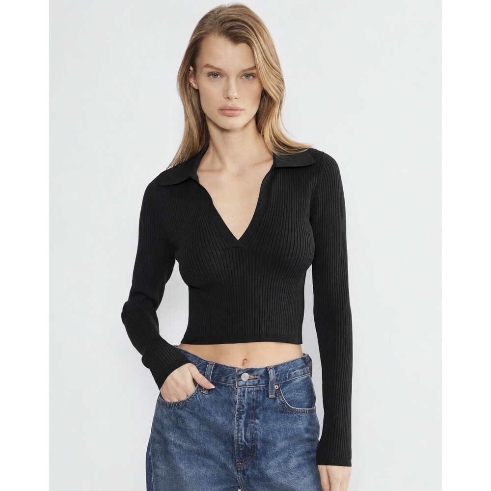 NWOT Aritzia Babaton Sculpt Knit Polo Long Sleeve Black Ribbed Crop Top Size L